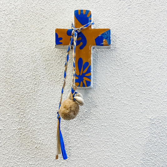 Matisse Cross - Small Cross Wall Tile - Tan & Blue