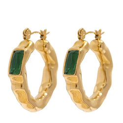 Green Cobblestone - Gold Stainless Steel Earrings