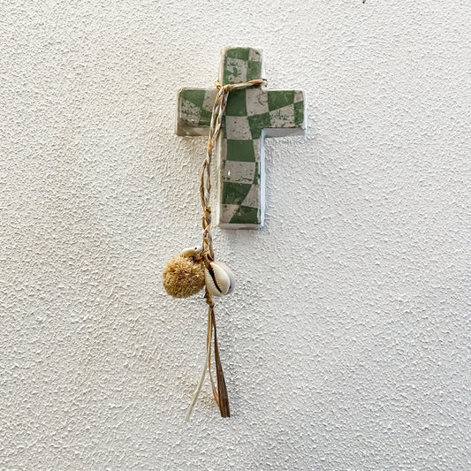 Wavy Cross -  Small Cross Wall Tile - Green & White