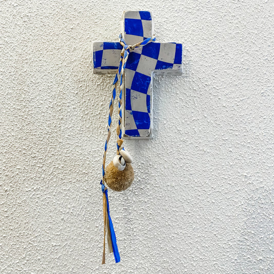 Wavy Cross - Small Cross Wall Tile - Blue & White