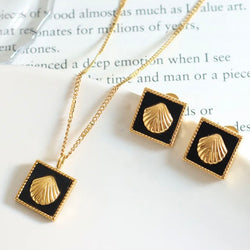 Framed Shell Necklace & Earring Set - Gold  Stainless Steel