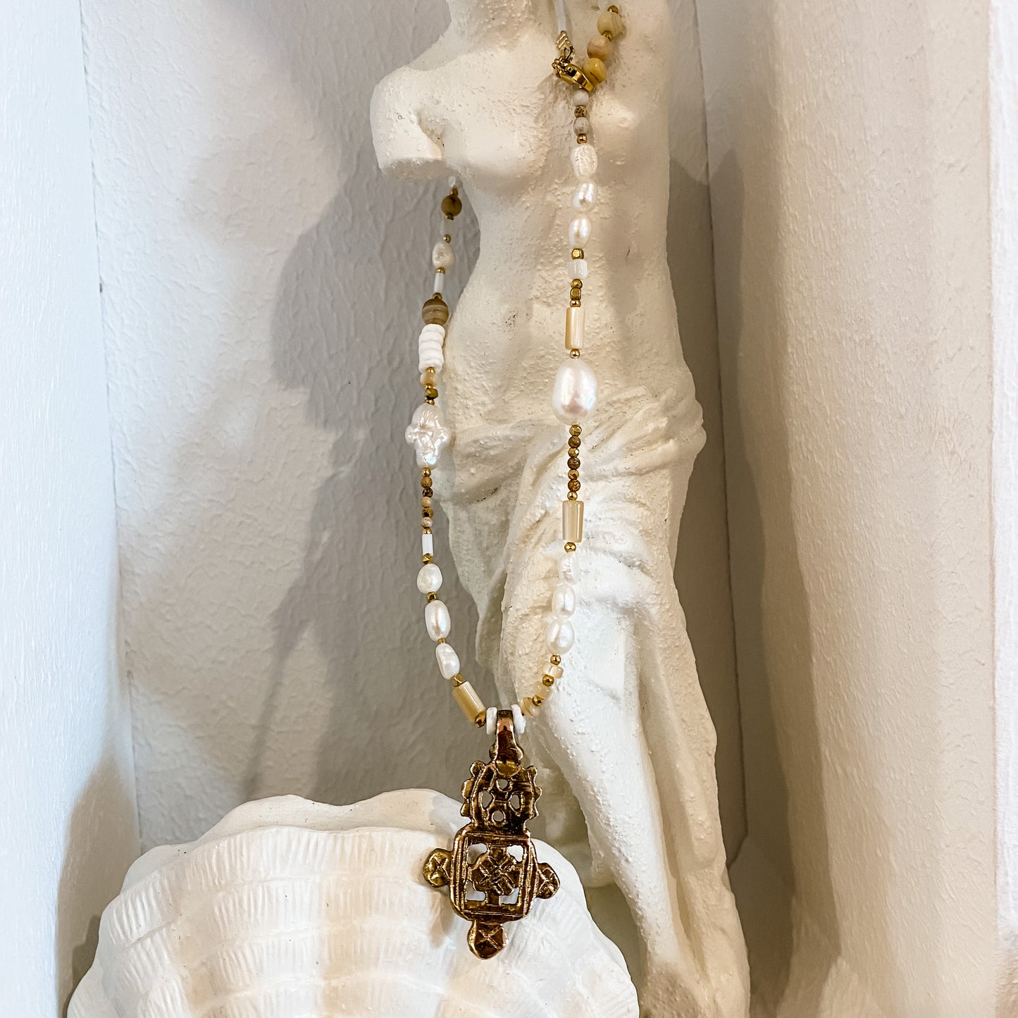 Handmade Ethiopian Cross - Freshwater Pearl & Crystal Necklace