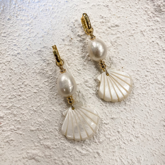 Mermaid Shell - Freshwater Pearl - Gold Stainless Steel Earrings